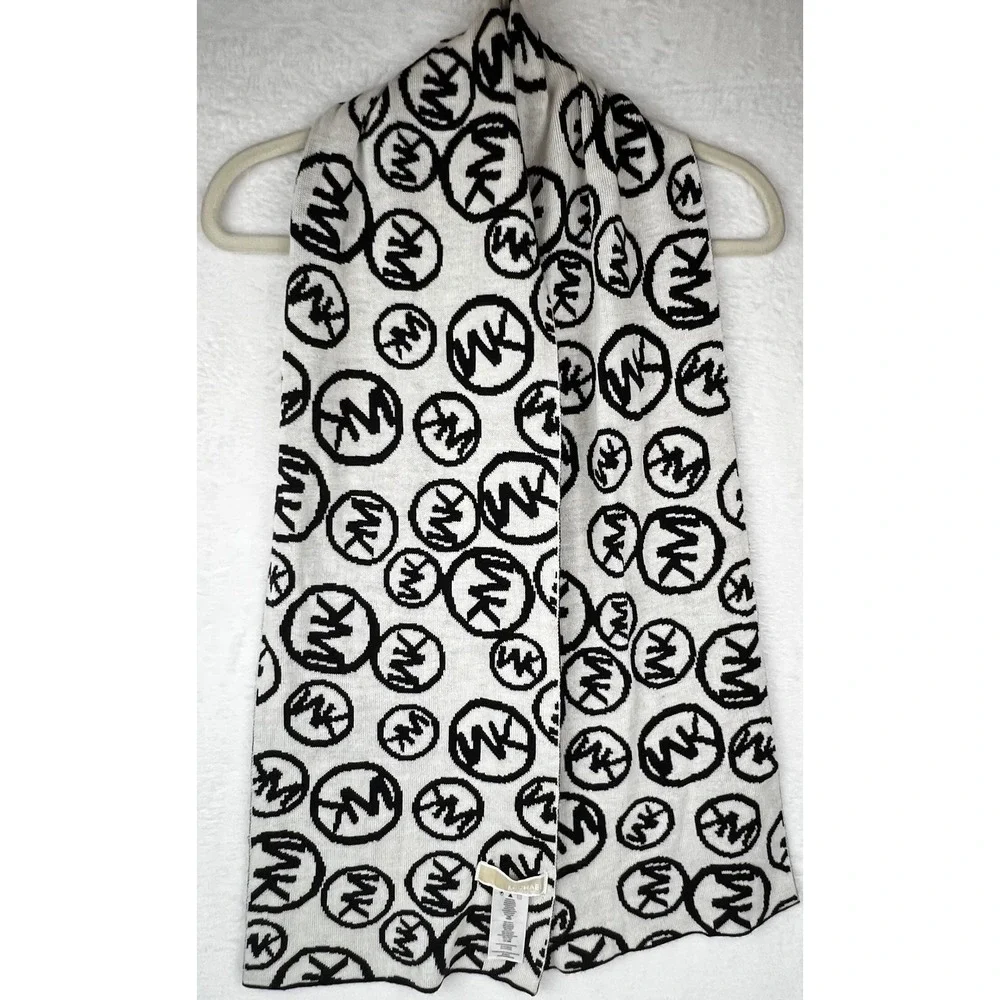 Michael Kors Scarf Womens Black White Knitted MK Monogram Logo Classic‎ Designer